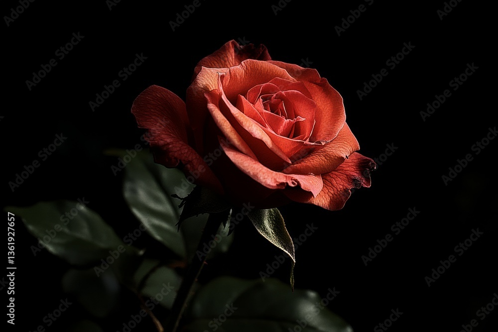 Fototapeta premium Close-up of elegant red rose in soft focus. AI image