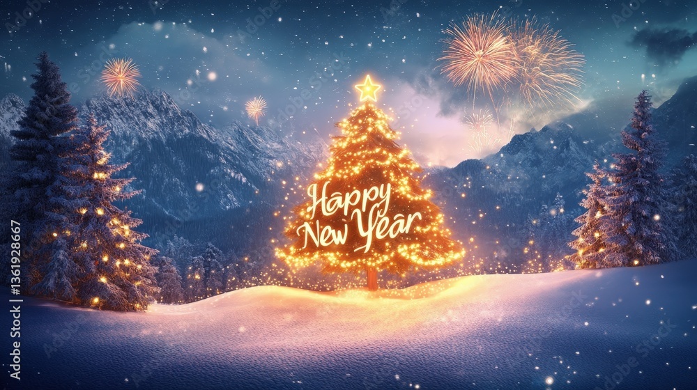 A snowy mountainside holiday background with a large Christmas tree lit with warm lights. A snowy mountainside holiday background with a large Christmas tree lit with warm lights.