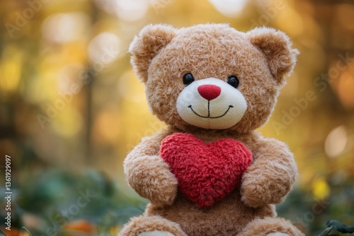 Teddy bear holding a heart in a forest during autumn with colorful foliage