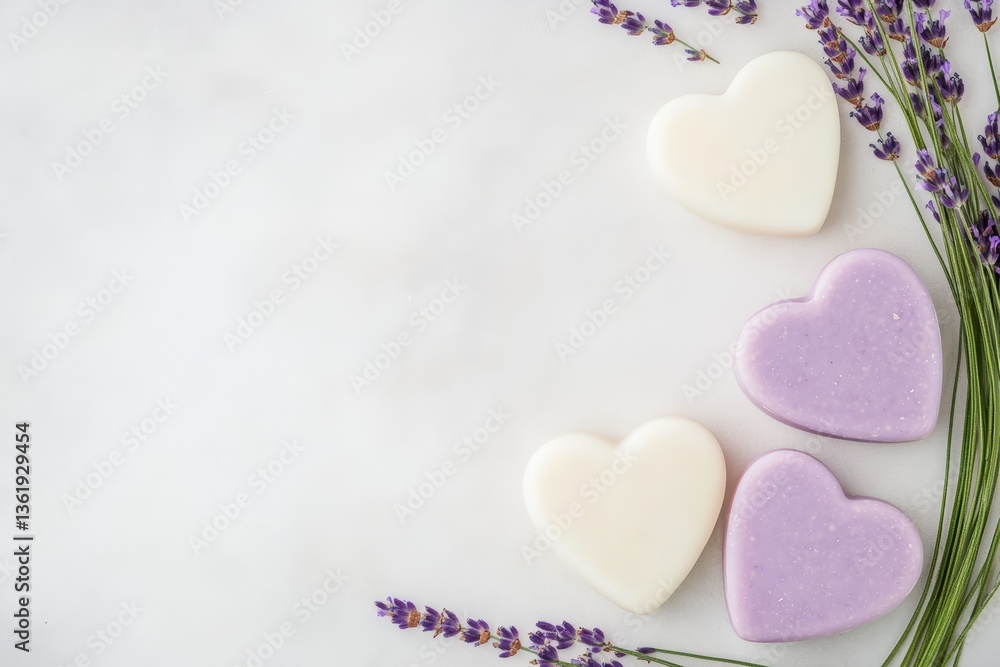 Obraz premium Heart Shaped Lavender Soap Bars with Fresh Purple Flowers on Light Background for Spa and Wellness