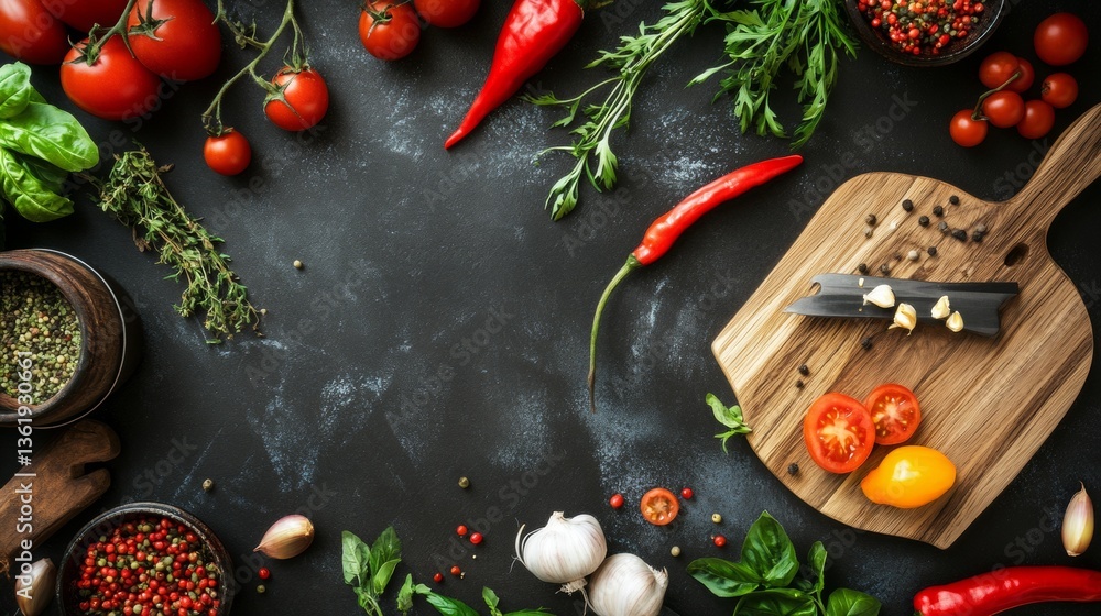 Spices and herbs with vegetables on rustic cutting board Spices and herbs with vegetables on rustic cutting board