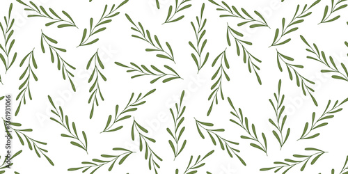 Botanical Hand-Drawn Leaf Seamless Pattern in Line Art style on White Background. Minimal foliage design with green leaves. Perfect for packaging, textile, prints