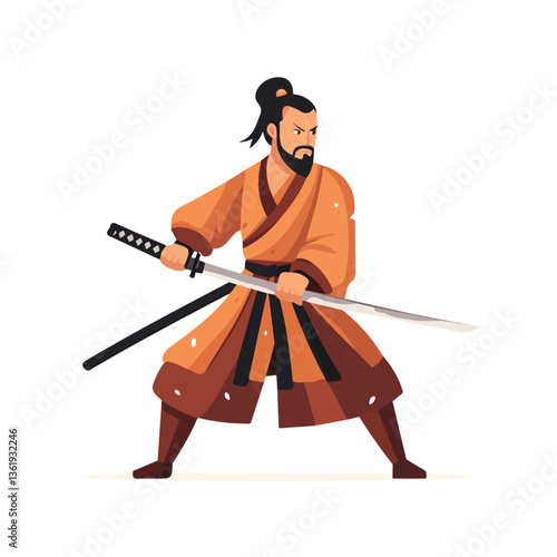 2D flat vector illustration of a samurai warrior with katana, isolated on a white background.

