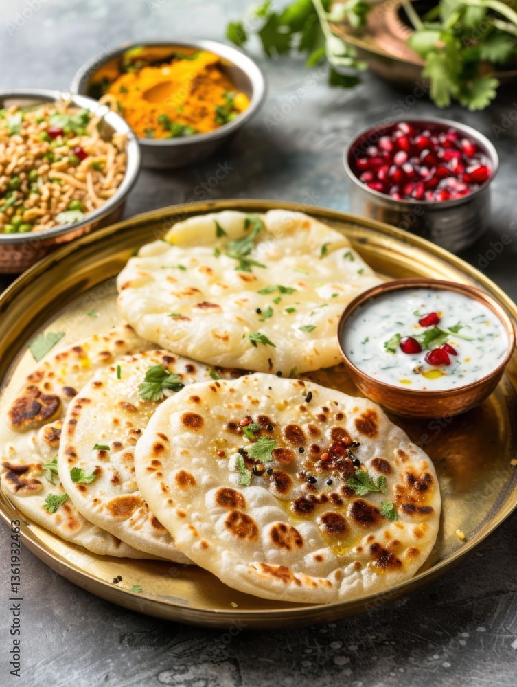 Enjoying traditional Indian breakfast featuring stuffed paratha with potato, chaats, yogurt, and spices at a cozy cafe Enjoying traditional Indian breakfast featuring stuffed paratha with potato, chaats, yogurt, and spices at a cozy cafe