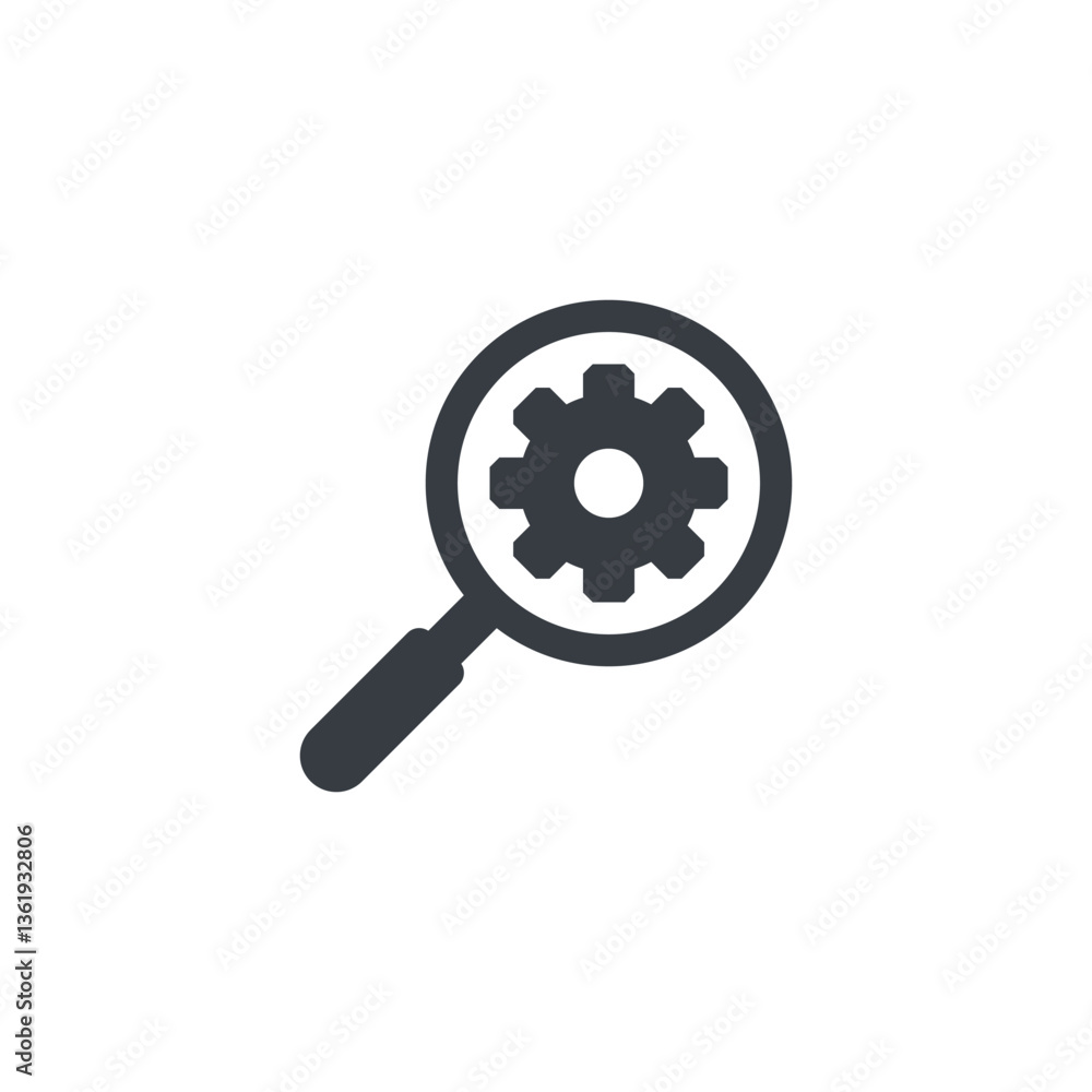Magnifying glass with gear. Vector icon on white background. Magnifying glass with gear. Vector icon on white background.