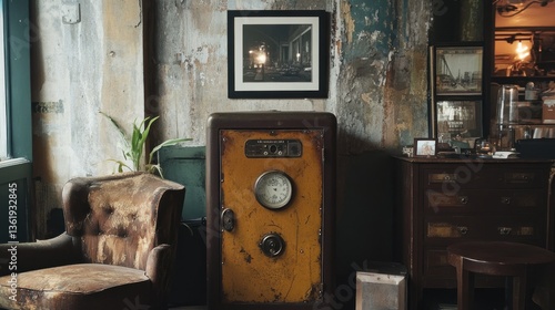 Vintage yellow safe in a rustic room with armchair, old dresser, and framed photo.