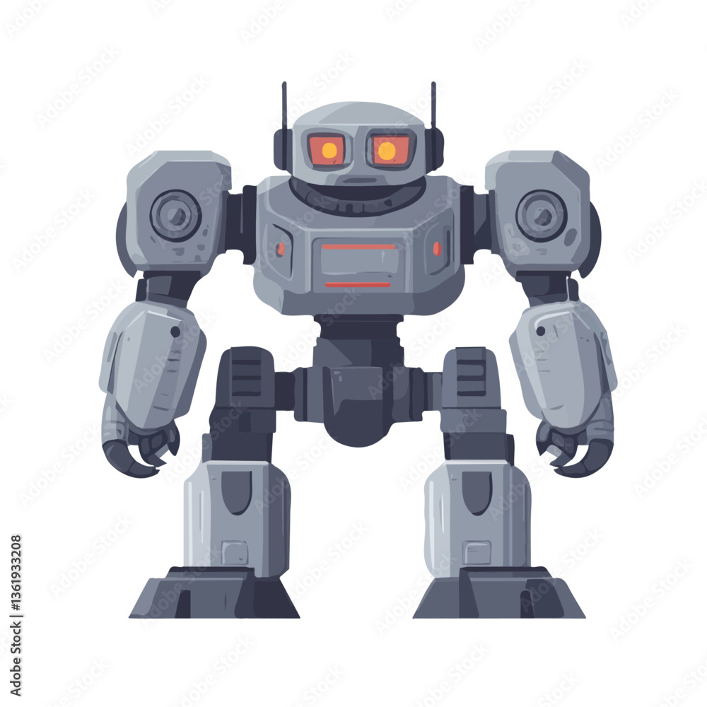 2D flat vector illustration of a steam-powered mech warrior, isolated on a white background.
2D flat vector illustration of a steam-powered mech warrior, isolated on a white background.