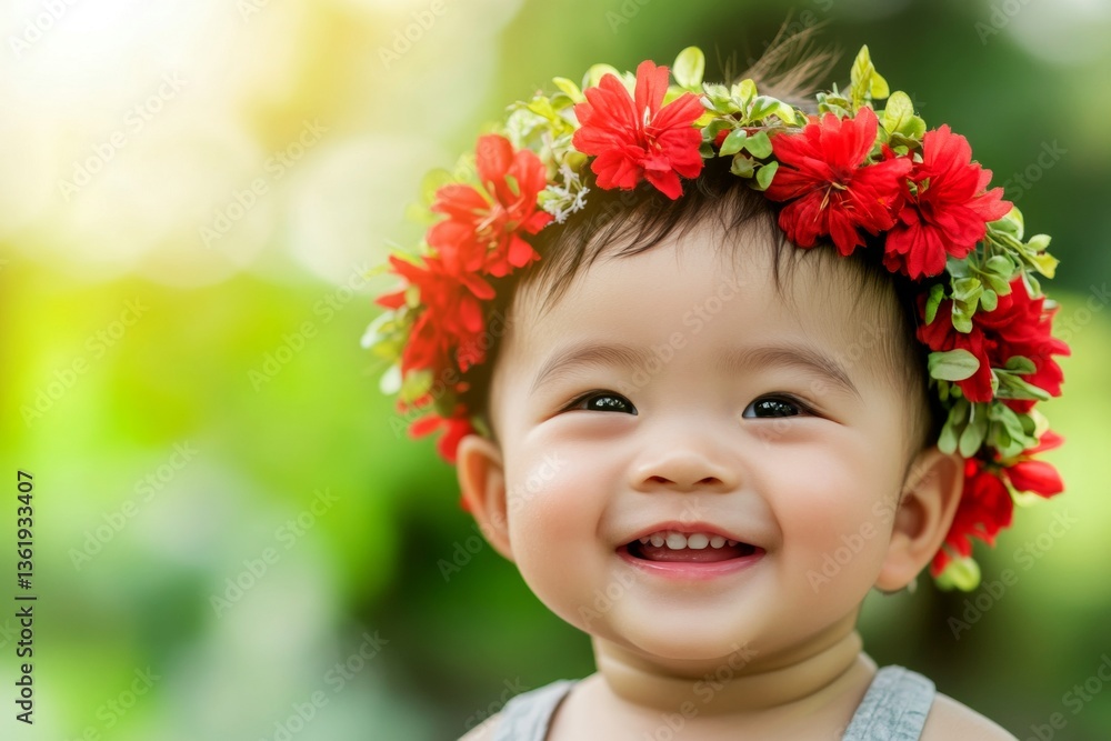 Happy vacation time holidays conceptual art. Sunny daylight. Smiling asian infant boy with tt hair wearing red flower crown on his head. Child’s holiday escape in nature. Boy celebrating summer. Happy vacation time holidays conceptual art. Sunny daylight. Smiling asian infant boy with tt hair wearing red flower crown on his head. Child’s holiday escape in nature. Boy celebrating summer.