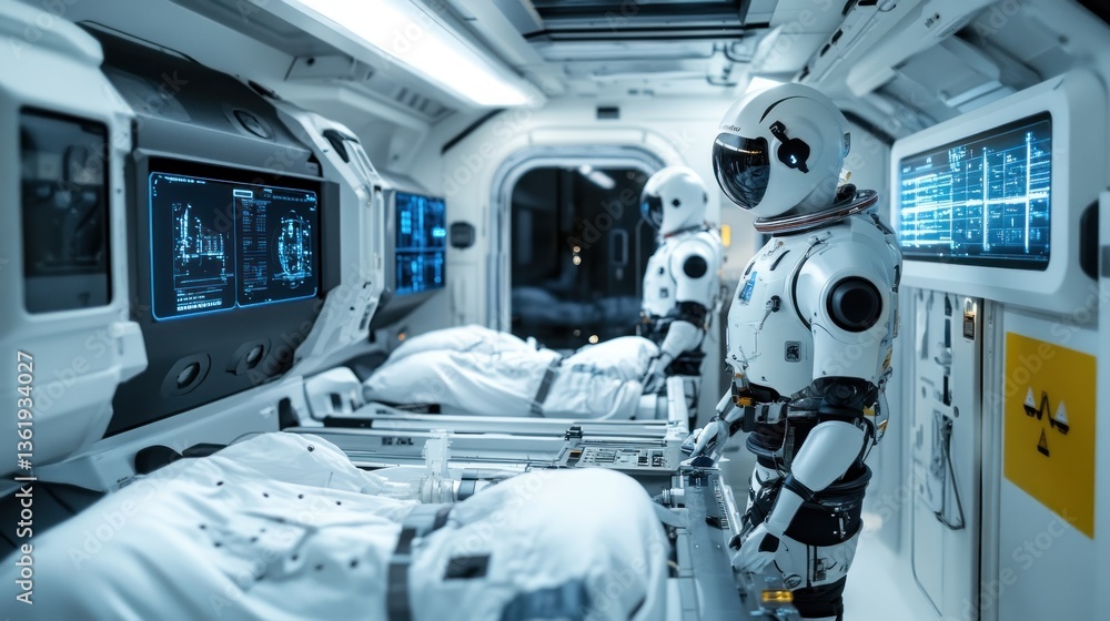 Futuristic Medical Bay: Robots tending to patients in a spaceship's medical ward. Futuristic Medical Bay: Robots tending to patients in a spaceship's medical ward.