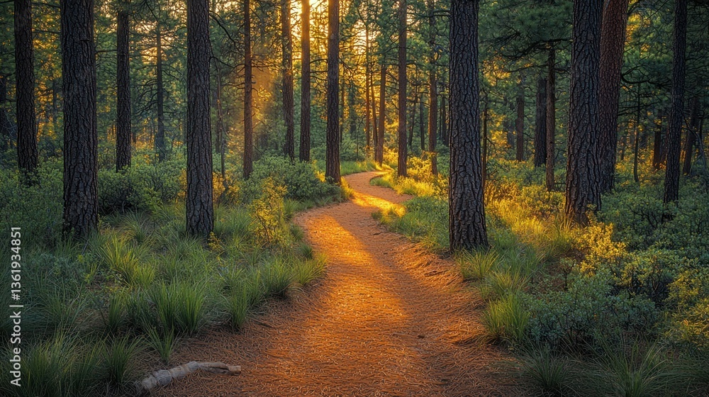 Fototapeta premium Sunlit path winding through a pine forest at sunset.