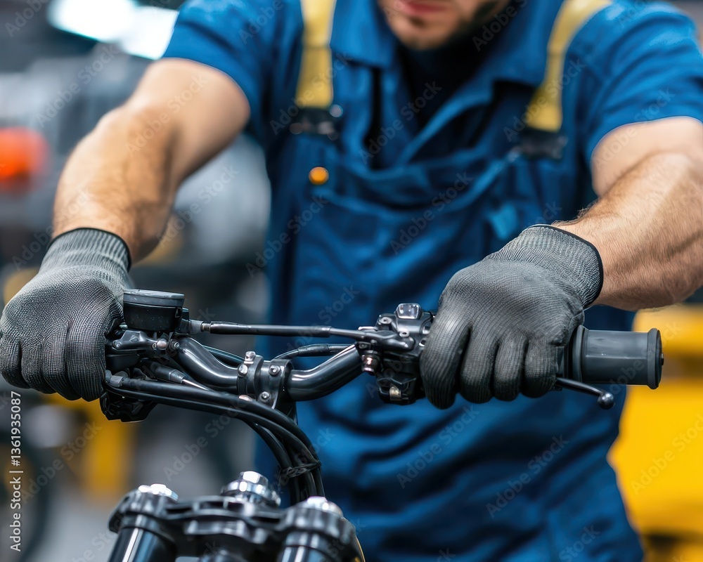 Factory process with workers inspecting and adjusting handlebars in the final assembly stage Factory process with workers inspecting and adjusting handlebars in the final assembly stage