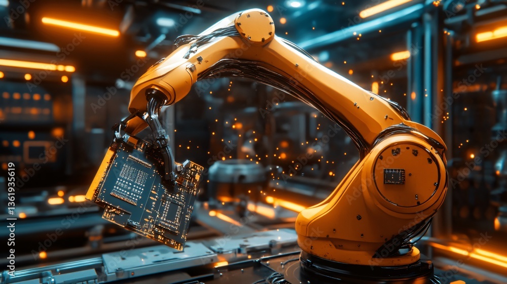 Industrial robotic arm working on an assembly line in a high-tech manufacturing facility, showcasing AI-driven automation and efficiency. Industrial robotic arm working on an assembly line in a high-tech manufacturing facility, showcasing AI-driven automation and efficiency.