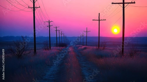 Serene sunset over a rural road lined with telephone poles and grass