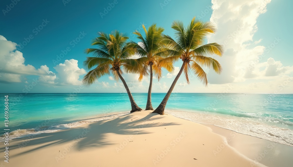Fototapeta premium Tropical paradise beach in Punta Cana Dominican Republic. Palm trees stand on sandy island. Turquoise ocean water, blue sky, white clouds. Perfect for vacation, travel, tourism, relaxation. Sun,