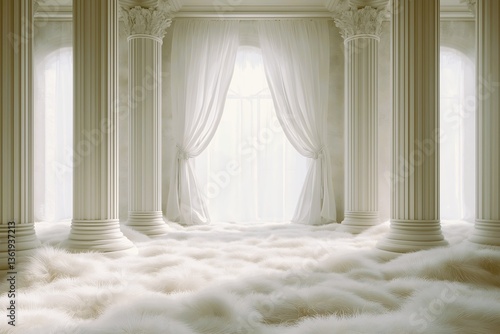Dreamy classical interior photography backdrop with fluffy white floor and flowing drapes