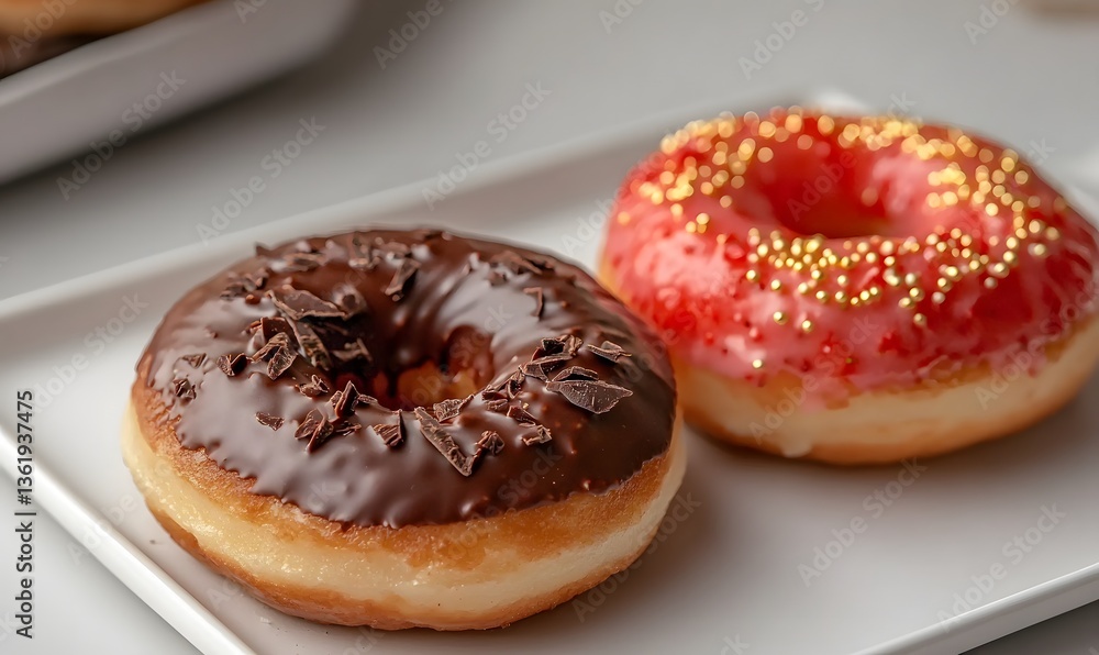 two different gourmet donuts placed on a simple white plate, Generative AI two different gourmet donuts placed on a simple white plate, Generative AI