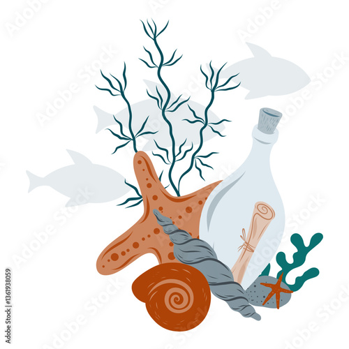 Bottle with a scroll at the bottom of the ocean surrounded by corals, algae, starfish, fish. Underwater Vector illustration for cards, designs, invitations
