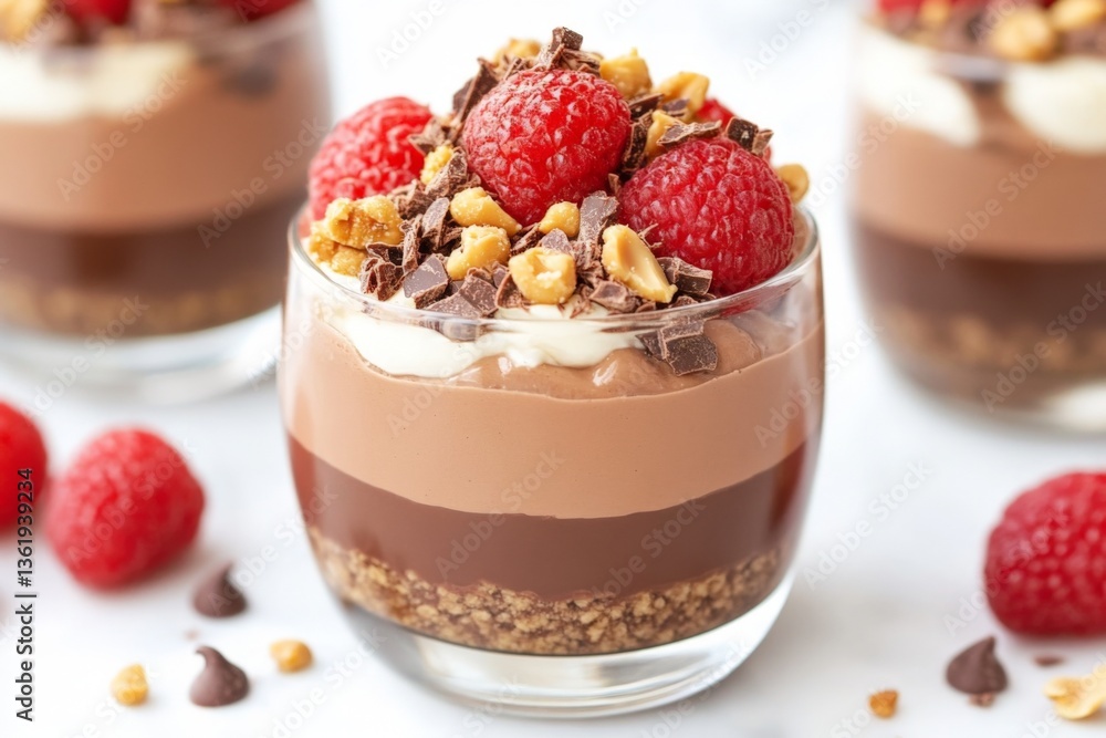 Delicious layered dessert featuring chocolate, cream, raspberries, and nuts in elegant glass cups at a festive gathering Delicious layered dessert featuring chocolate, cream, raspberries, and nuts in elegant glass cups at a festive gathering