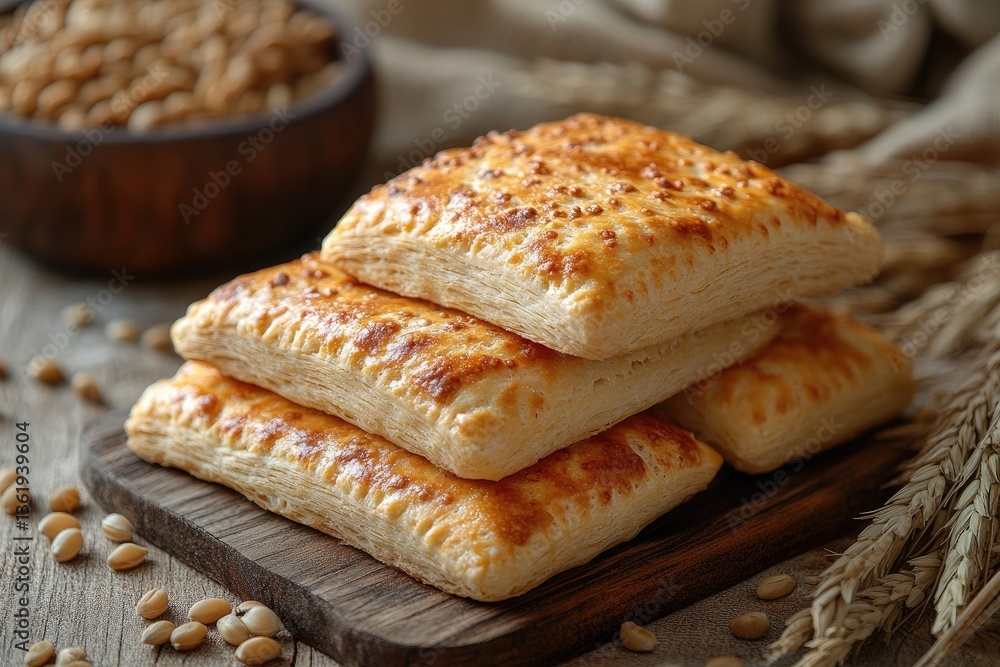 A delicious stack of baked pastries on a wooden surface A delicious stack of baked pastries on a wooden surface