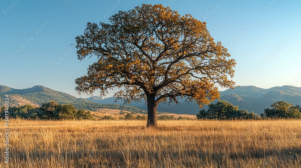 Lone oak tree in autumnal field with mountains. Lone oak tree in autumnal field with mountains.