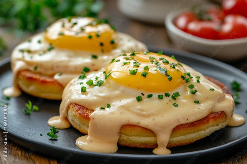 Delicious breakfast dish featuring poached eggs on toasted bread with creamy sauce, garnished with herbs and cherry tomatoes Delicious breakfast dish featuring poached eggs on toasted bread with creamy sauce, garnished with herbs and cherry tomatoes