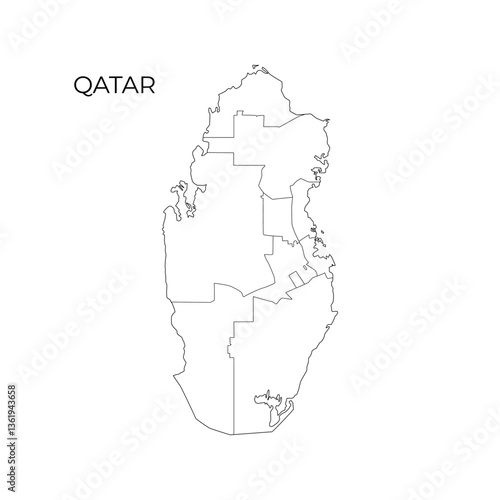 Simple black and white vector outline map of Qatar, showing internal municipal borders, perfect for educational, political, and geographic use