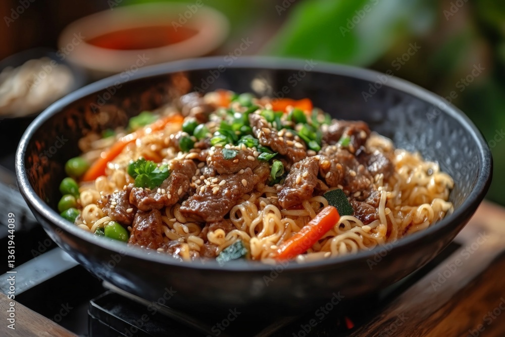 Savory noodles with beef and vegetables served in a black bowl on wooden table Savory noodles with beef and vegetables served in a black bowl on wooden table