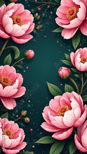 - Elegant seamless pattern with pink peony flowers and golden accents, elegant, background