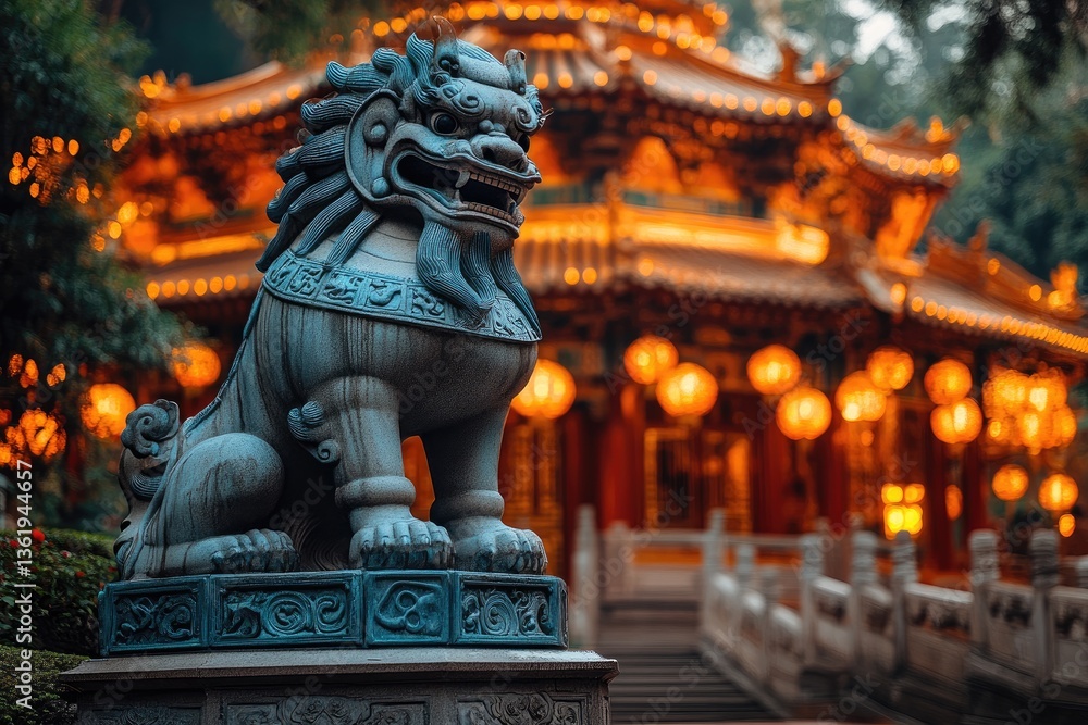 Obraz premium A Detailed Stone Sculpture Depicts a Protective Guardian Lion