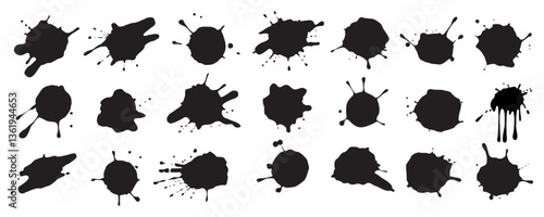 Ink drops and splashes. Blotter spots, liquid paint drip drop splash and ink splatter. Artistic dirty grunge abstract spot vector set. Illustration monochrome drip splash, splat messy inkblots