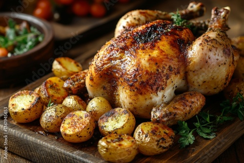 Wallpaper Mural Deliciously roasted chicken served with golden potatoes on a wooden table, showcasing a cozy culinary experience Torontodigital.ca