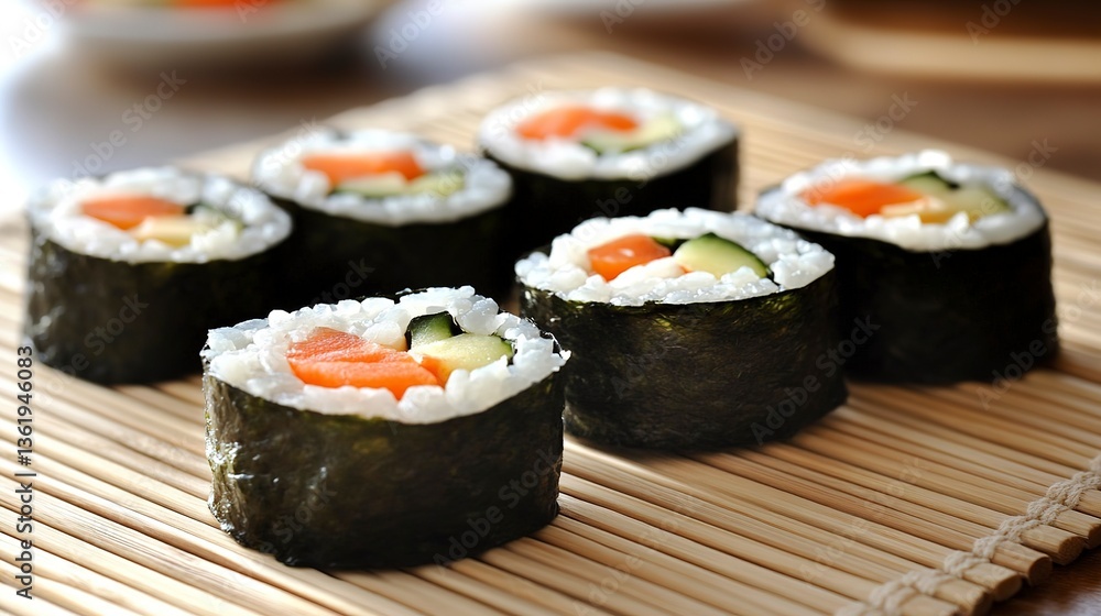 Rolling vegetarian sushi on a bamboo mat during a sunny afternoon in a cozy kitchen Rolling vegetarian sushi on a bamboo mat during a sunny afternoon in a cozy kitchen