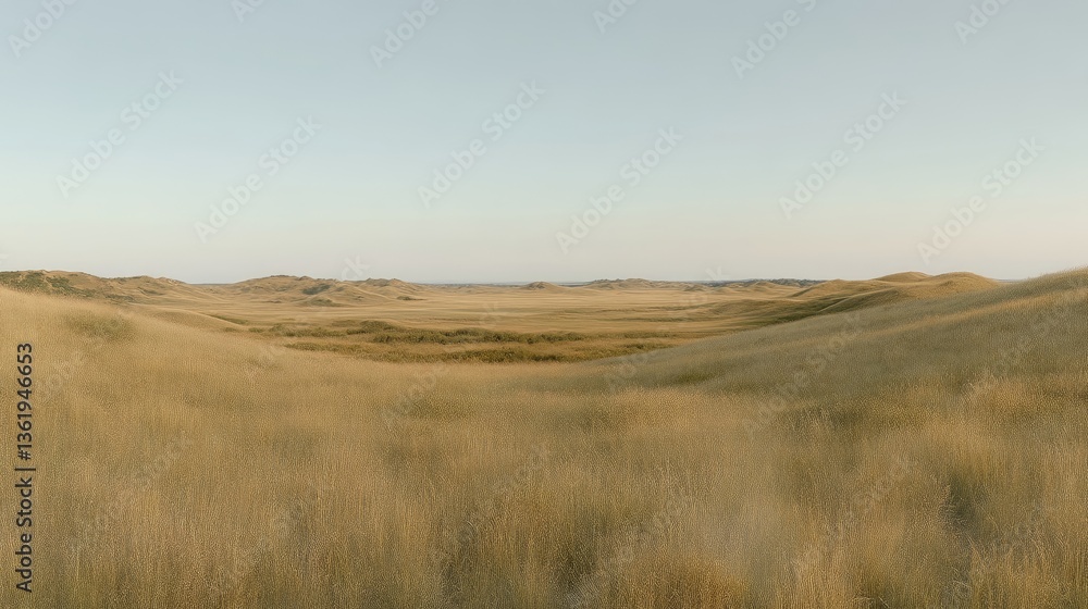Fototapeta premium Golden expanse of grassy dunes. A vast, dry landscape stretches out before the viewer, with rolling hills of tall, light-brown grasses and a slightly lower, flat area in the distance.