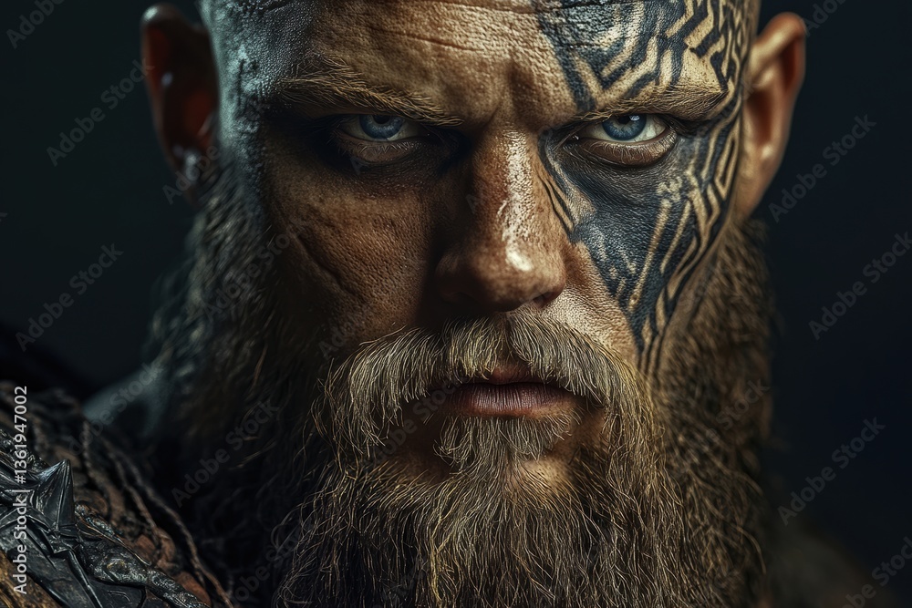 Intense portrait of a warrior with tribal face paint showcasing detailed tattoos and a fierce expression during a dramatic lighting setup Intense portrait of a warrior with tribal face paint showcasing detailed tattoos and a fierce expression during a dramatic lighting setup
