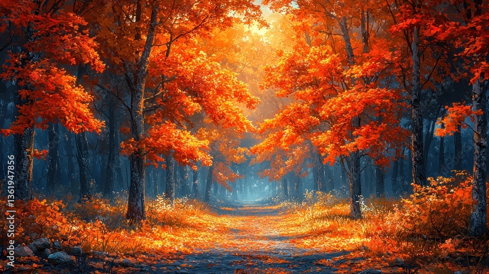 Fototapeta premium Sunlit path through vibrant autumn forest.