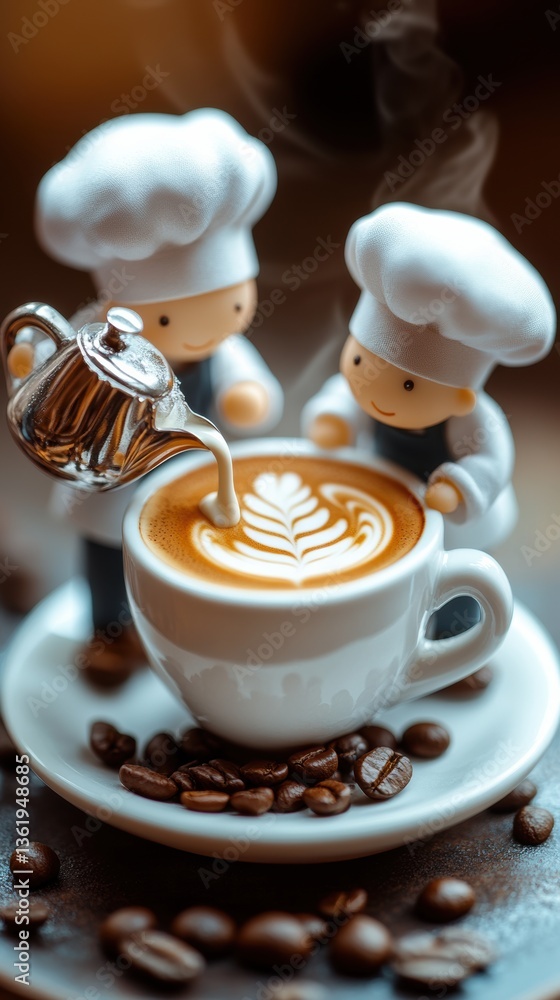 Obraz premium Two small chefs pouring milk into a coffee cup to create latte art in a cozy setting with coffee beans scattered around