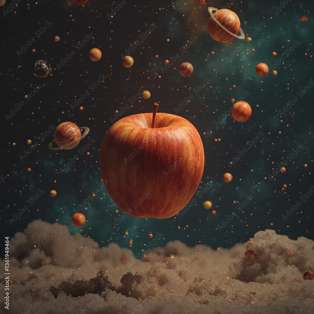 Fototapeta premium A levitating apple with tiny floating planets orbiting around it, cosmic background, highly detailed food photography, creative design concept, food advertisement template 