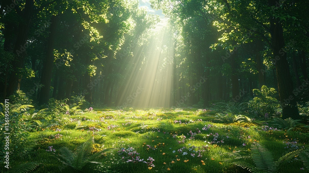 Fototapeta premium Sunbeams illuminate a lush forest clearing with wildflowers.