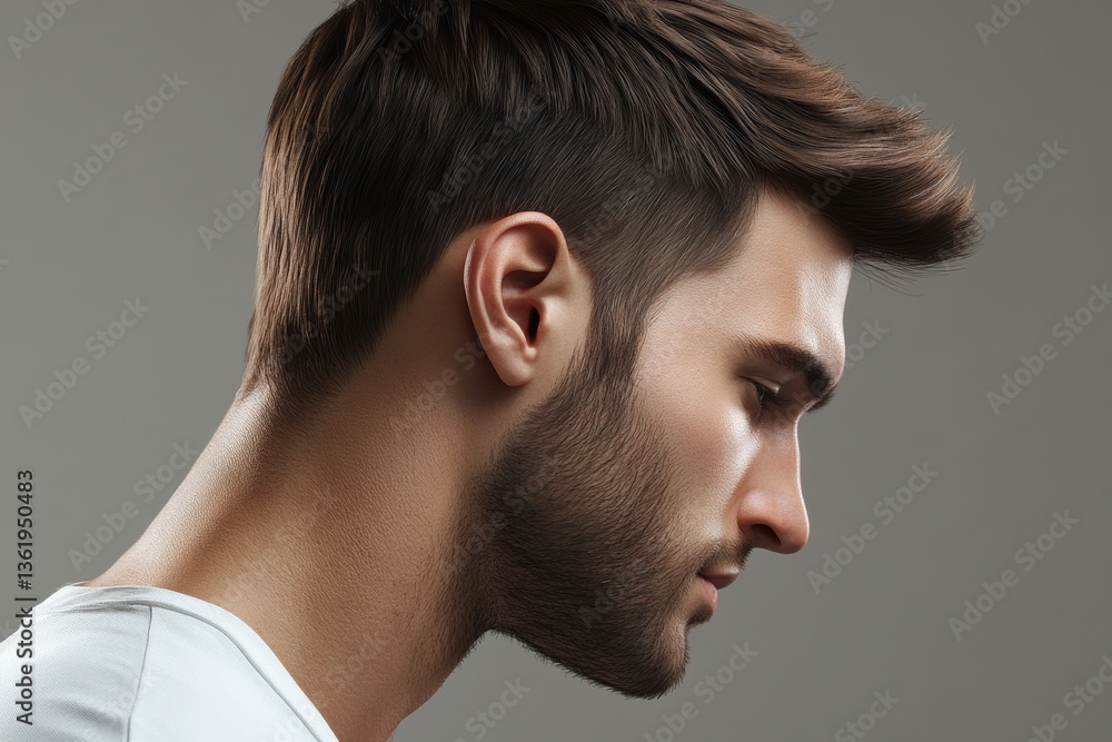 Obraz premium Close-up profile of a young man showcasing modern hairstyle and facial texture against a neutral background during a studio session