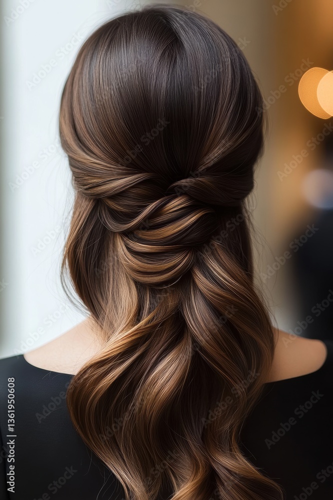 Naklejka premium Elegant hairstyle featuring soft waves and an intricate twist, perfect for events or special occasions