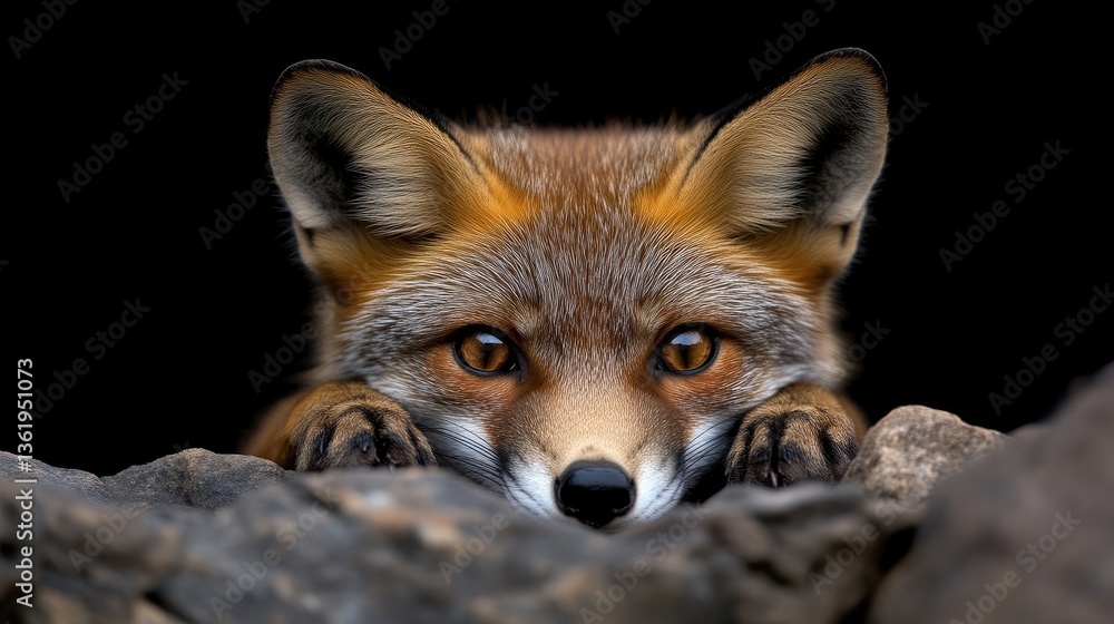 Fototapeta premium Close-up of a fox peering from behind rocks