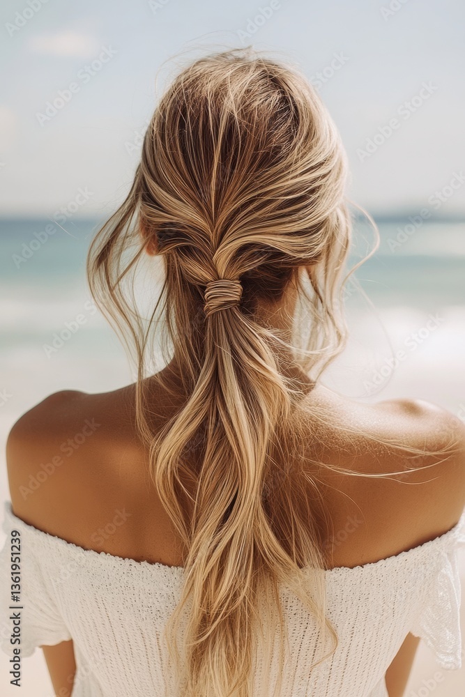 Blonde woman with loose ponytail enjoys sunny beach day by the ocean in summer, with gentle waves and blue sky in the background, creating a serene atmosphere Blonde woman with loose ponytail enjoys sunny beach day by the ocean in summer, with gentle waves and blue sky in the background, creating a serene atmosphere