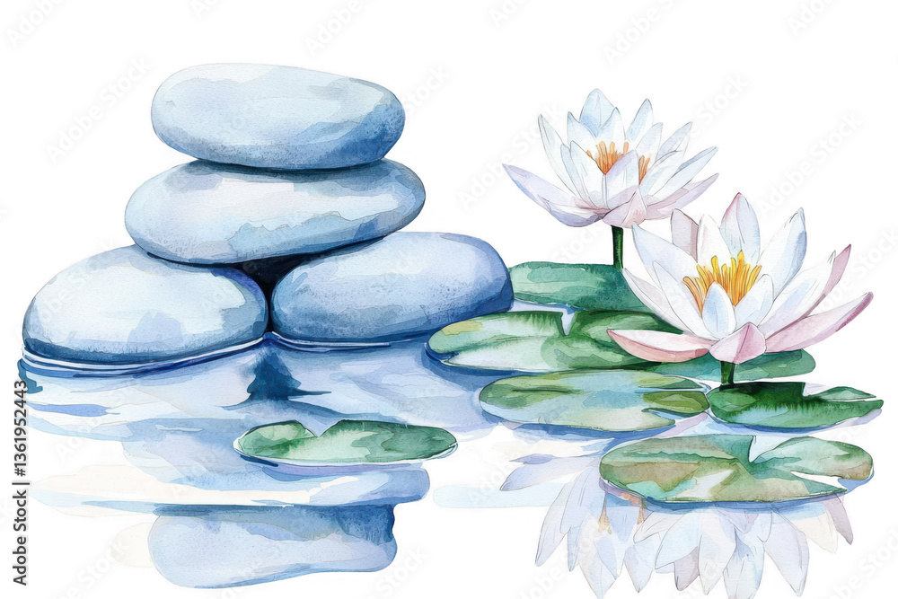 Fototapeta premium A serene composition of smooth stones and blooming water lilies atop calm water surfaces.