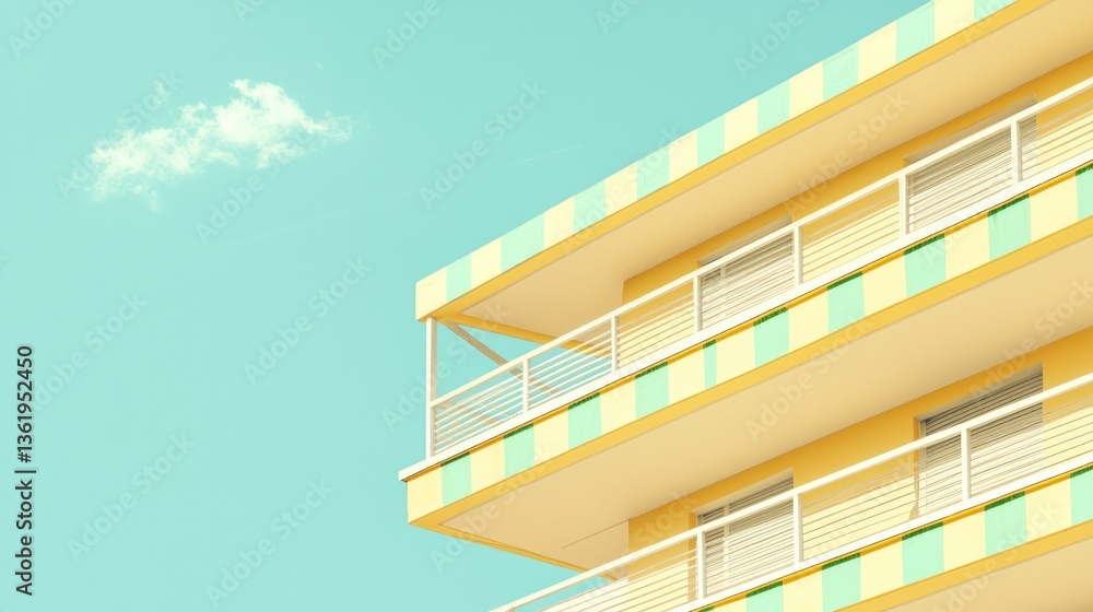 Pastel yellow and mint green building with balconies against a clear blue sky. Minimalist architectural detail Pastel yellow and mint green building with balconies against a clear blue sky. Minimalist architectural detail