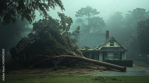 Tree falls on house during severe storm in suburban neighborhood causing significant damage and disruption