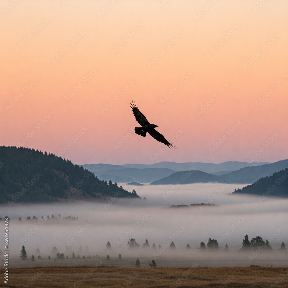 Naklejka premium Raven Flying Over a Quiet Misty Valley at Dawn