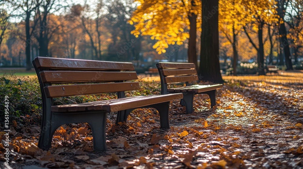 Two benches in an autumnal park landscape during daylight hours Two benches in an autumnal park landscape during daylight hours