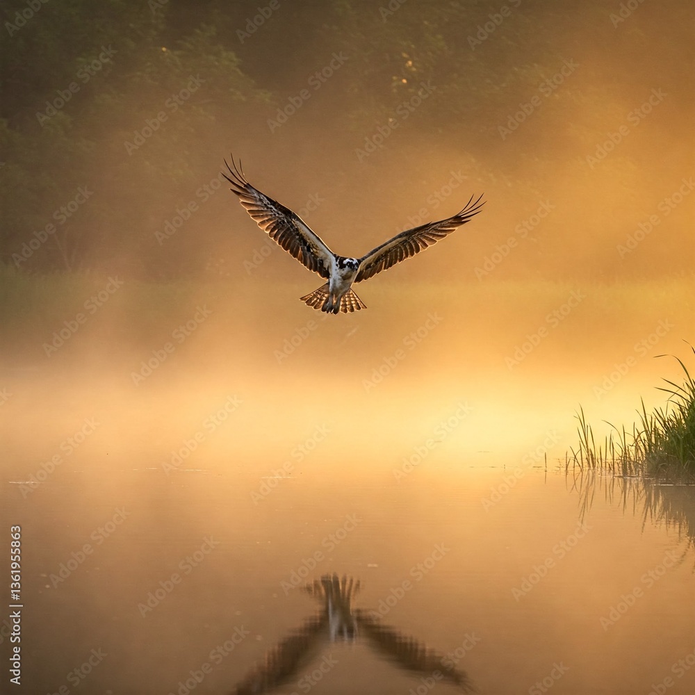Naklejka premium Osprey Soaring Over a Serene Lake at Dawn