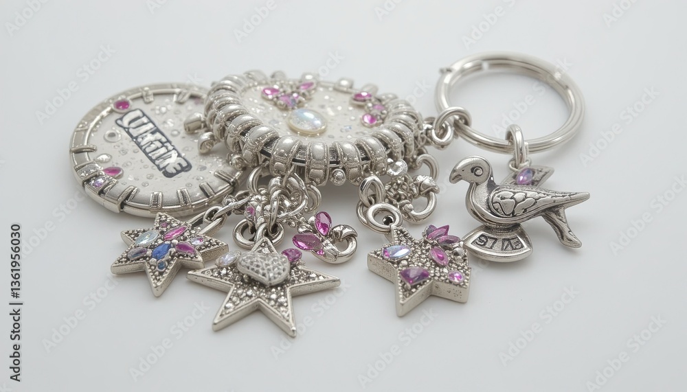 gleaming silver keychain with charms of stars and hearts. Charms are attached to the keyring by a metal chain. a plain white backdrop. fashionable adornment. gleaming silver keychain with charms of stars and hearts. Charms are attached to the keyring by a metal chain. a plain white backdrop. fashionable adornment.