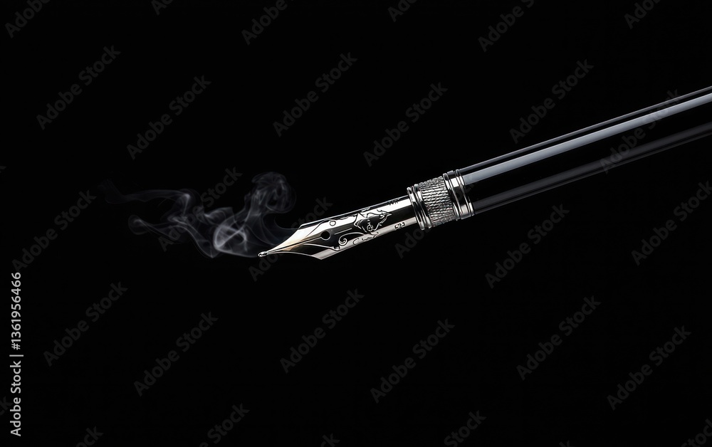custom made wallpaper toronto digitalClose-up of a silver and black fountain pen against a black background, with a wisp of smoke emanating from the nib. The image evokes a sense of mystery and elegance